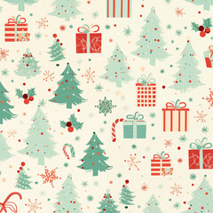 Festive Christmas pattern with trees and gifts
