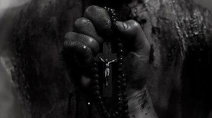 A grunge style black and white illustration of a muddy and wet hand holding rosary beads with the holy cross
