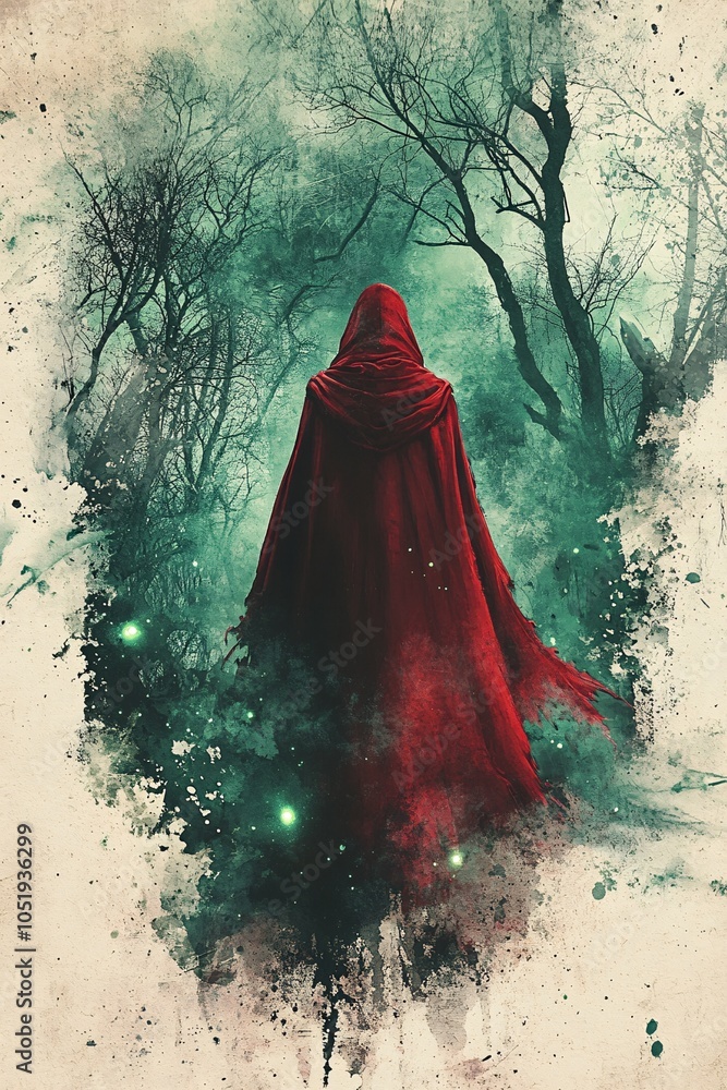 Poster a mysterious figure in a red cloak wanders through a foggy enchanted forest evoking a sense of adven