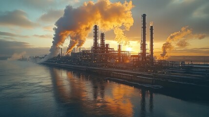 Naklejka premium Industrial complex at sunset with smoke and water reflections.