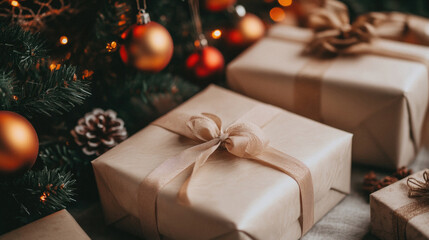 A Christmas tree with a few presents on it. The presents are wrapped in brown paper and have ribbons tied around them