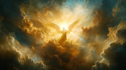 Fototapeta premium celestial angelic figure illuminated by radiant light in a heavenly setting, surrounded by soft clouds and ethereal colors, embodying grace and divinity