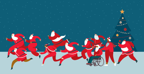 People characters participants of Santa fun race marathon.