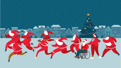 Santa fun race marathon on city street. Flat vector illustration