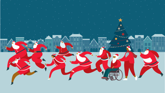 Santa fun race marathon on city street. Flat vector illustration