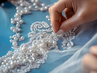 Hands Embroidering Lace Pearls on Fabric