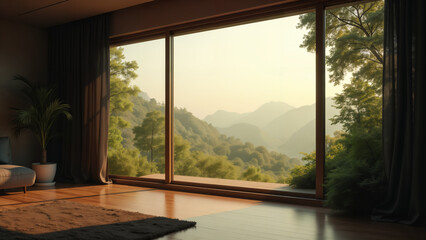 Fototapeta premium Discover the Tranquil Connection Between Indoor Comfort and the Outside World Through a Graceful Window View
