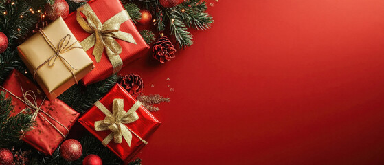 A red background with three red boxes on it. The boxes are decorated with gold ribbons and are placed on top of each other
