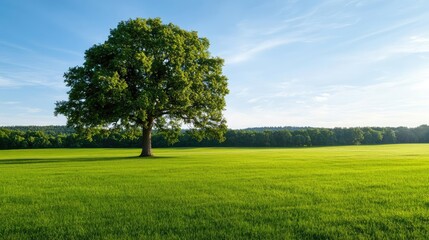 Obraz premium Lone tree on green field under a clear blue sky, vibrant nature scene.