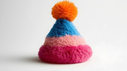 Festive party hat with a fluffy pompon, radiating bright colors and joy, set on a clean white background for a fun and playful accessory shot