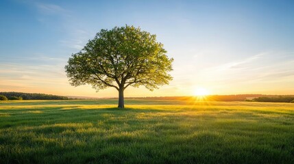 Sunset over a single tree in a lush green field, vibrant colors and serene atmosphere.