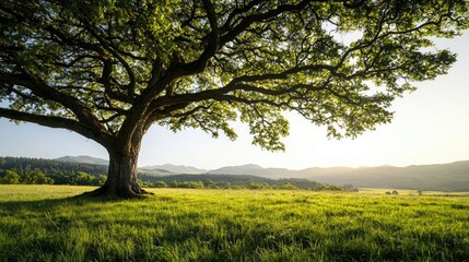 Fototapeta premium Lush green tree standing in a beautiful field during golden hour.