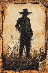 Fototapeta premium The haunting presence of a scarecrow amongst fields a symbol of harvest and nature's mysteries