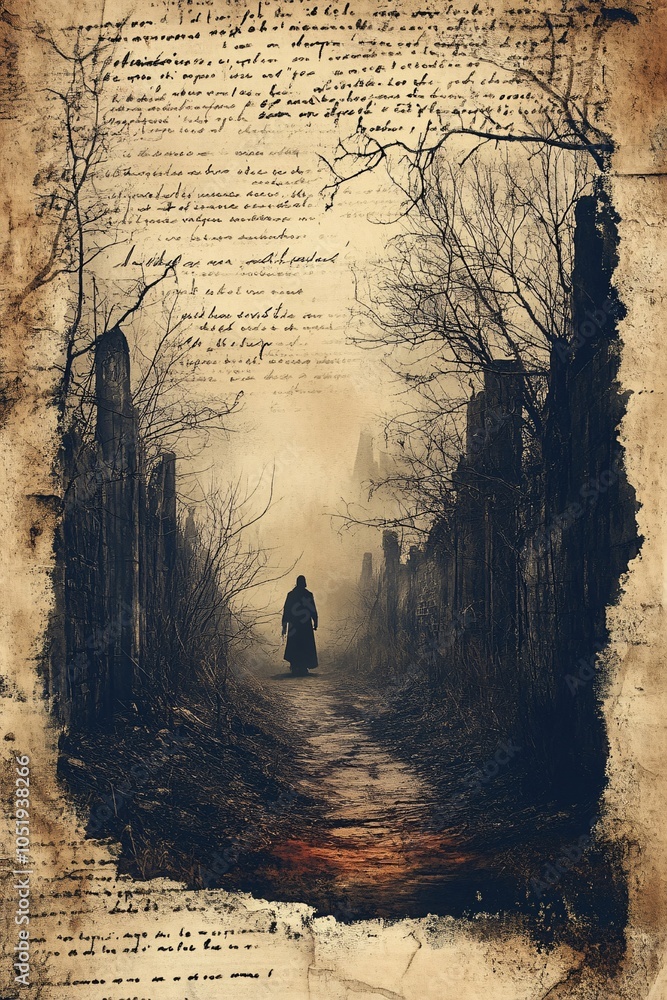 Poster a mysterious figure stands at the end of a foggy path surrounded by shadows and ancient writing evok