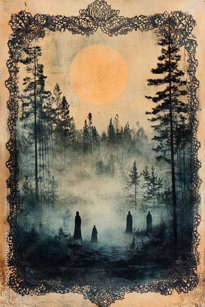 Poster mysterious figures in a foggy forest at dusk under a giant moon with intricate border design