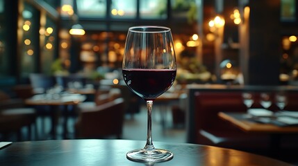 Luxurious red wine cascading into a wine glass, close-up, with a blurry, romantic restaurant backdrop, soft lighting enhancing the elegant atmosphere