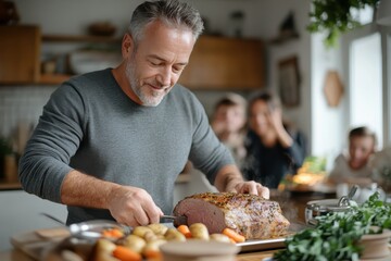 An experienced chef slices a savory roast on a wooden board, emitting a warm and inviting feeling, while a family watches joyfully in the cozy kitchen ambiance.