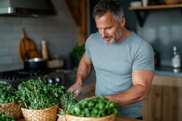 A man in a grey shirt chops fresh herbs on a wooden countertop, immersed in a cozy kitchen filled with natural light, reflecting skill, concentration, and lifestyle joy.