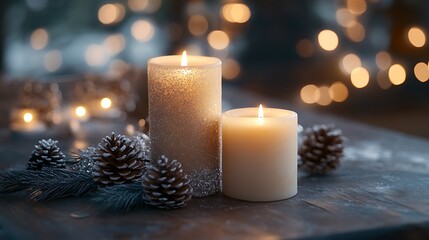 An elegant holiday dinner table adorned with flickering candles, pinecones, and silver accents, surrounded by a softly blurred background of warm fairy lights. The candlelight casts a gentle glow,