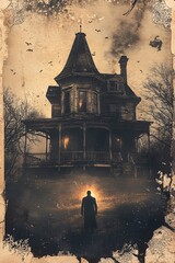 A mysterious encounter unraveling the secrets of the enigmatic haunted house at twilight with an eerie silhouette in the foreground
