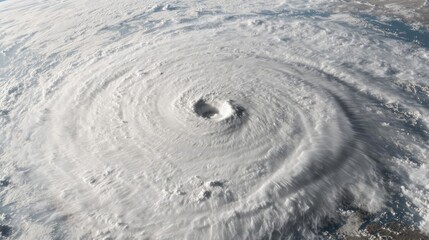 Aerial view of a massive hurricane swirling over the ocean.