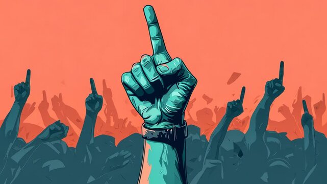 A crowd raises their hands in celebration, highlighting unity and passion with one hand prominently displaying a raised finger.