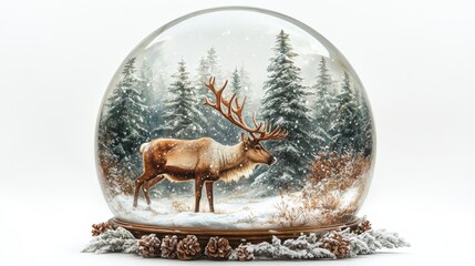 Obraz premium Snow globe with reindeer grazing, snowy forest backdrop, white background, watercolor style, photorealistic