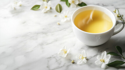 Cup of green tea on marble surface with flowers