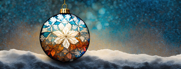 A detailed close-up of a stained glass ornament with floral patterns and cool colors, conveying an elegant holiday spirit. Christmas or New Year background with copy space.