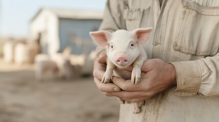 Close-up of farmer weathered hands holding a tiny piglet with a calm expression, photorealistic