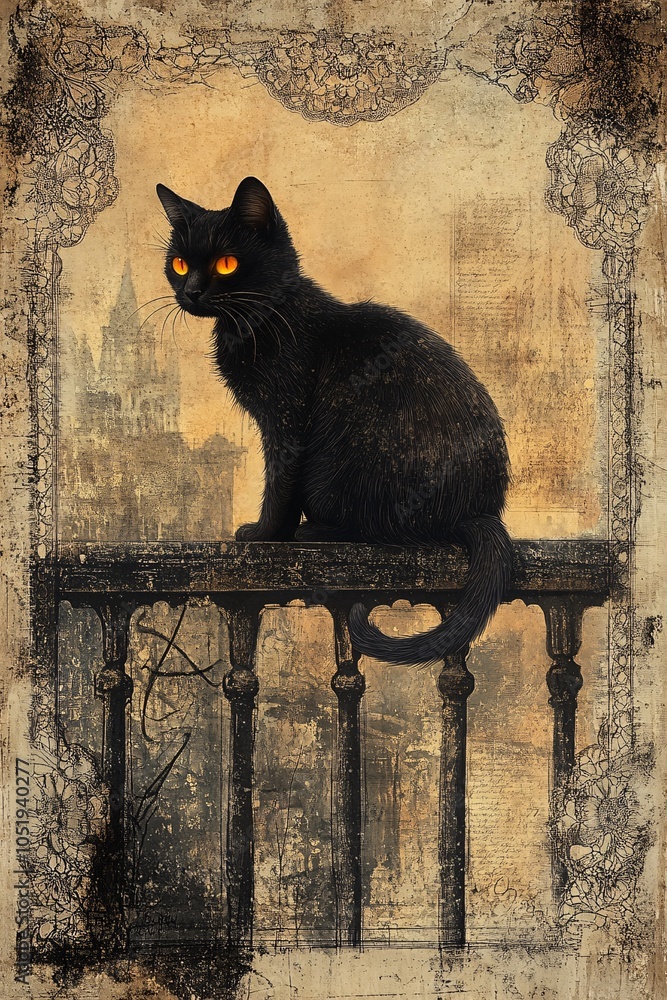 Poster a mysterious black cat perched on a railing against an intriguing vintage backdrop of architecture a