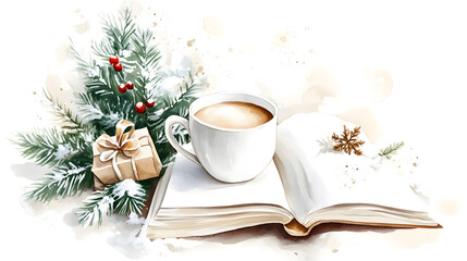 Fototapeta premium Cozy winter moments a cup of hot cocoa an open book and a christmas tree create the perfect holiday atmosphere
