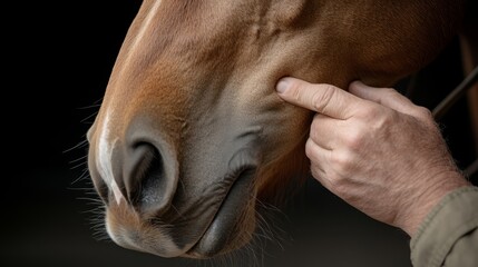 Close-up of farmer gently scratching a horse chin, the horse mane visible in detail, photorealistic