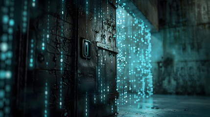 A dark vault door illuminated by streams of blue binary code, symbolizing digital security, data protection, and cyber technology