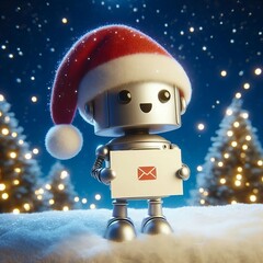 Mini ai robot Santa clause holding a christmas card