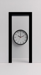A minimalist clock framed by a doorway, symbolizing the passage of time.