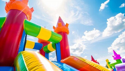 Rainbow Delight: A Vibrant Castle Bounce House at the Park