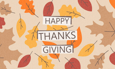 Obraz premium Thanksgiving horizontal card cover or poster in modern style with colorful autumn leaves. Fall season, hand drawn template for sale, holiday decoration. Vector illustration