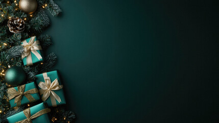 Fototapeta premium A green background with a Christmas tree and presents. The presents are wrapped in green and gold ribbons