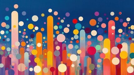 Colorful bar graph illustrations with abstract circles, blue background.
