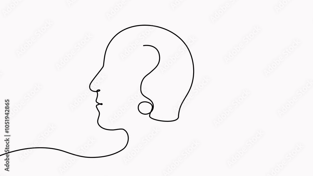 Poster continuous line drawing head with question mark animation. thinking linear symbol video. animated br