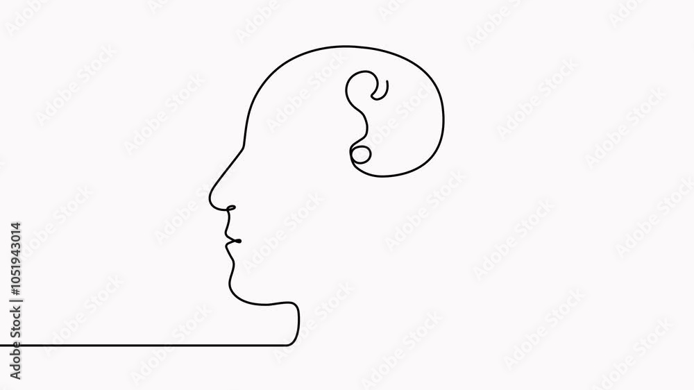 Poster continuous line drawing head with question mark animation. thinking linear symbol video. animated br