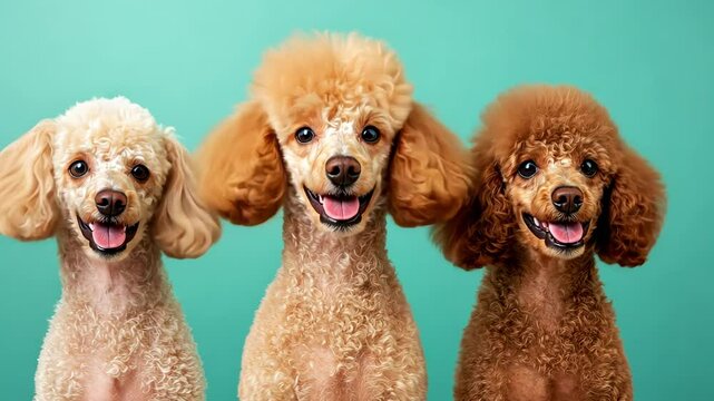 Three adorable poodles with fluffy coats and cheerful expressions