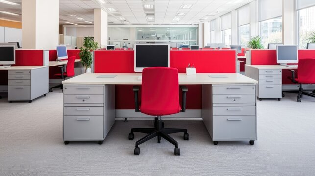 A modern, brightly lit office space featuring red cubicles, desks, and ergonomic chairs, promoting a vibrant work environment.