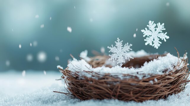 Closeup of snowflakes falling on a birds nest during winter
