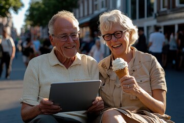 An elderly couple shares a joyful moment outdoors enjoying ice cream cones while engaging with a digital tablet, model of health, connection, and happiness.