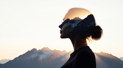 Silhouette of a woman with a landscape inside her head, serene and contemplative.