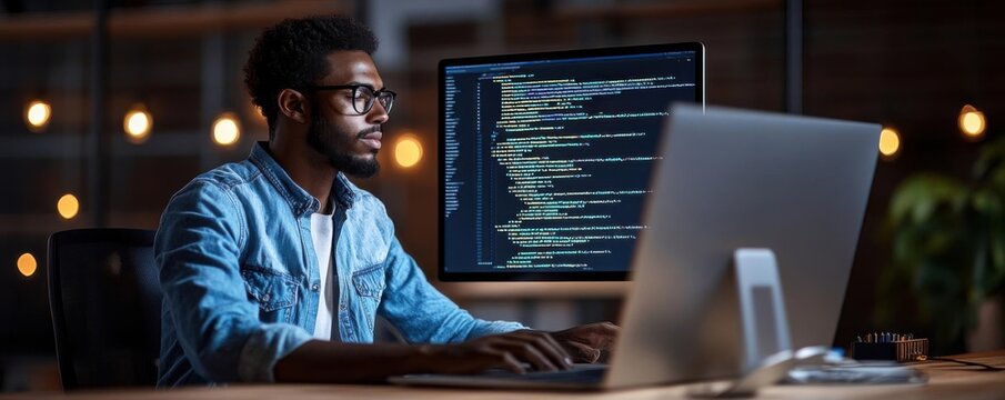 6 Fullstack developer working on cloud integration, coding in the background, modern software development process