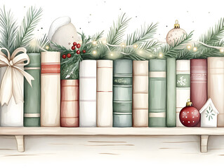 Festive bookshelf adorned with christmas ornaments and greenery perfect for celebrating the holiday spirit in your home