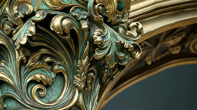 A close-up of a decorative, ornate column in a building. The column is decorated with intricate carvings and gilded accents